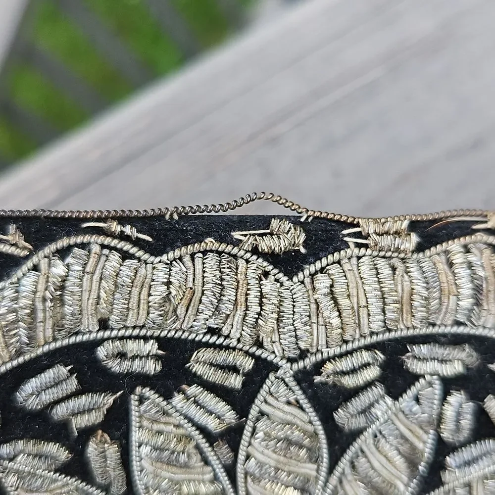 Vintage Black Velvet Clutch with Gold Metal Wire Coilwork Embroidery